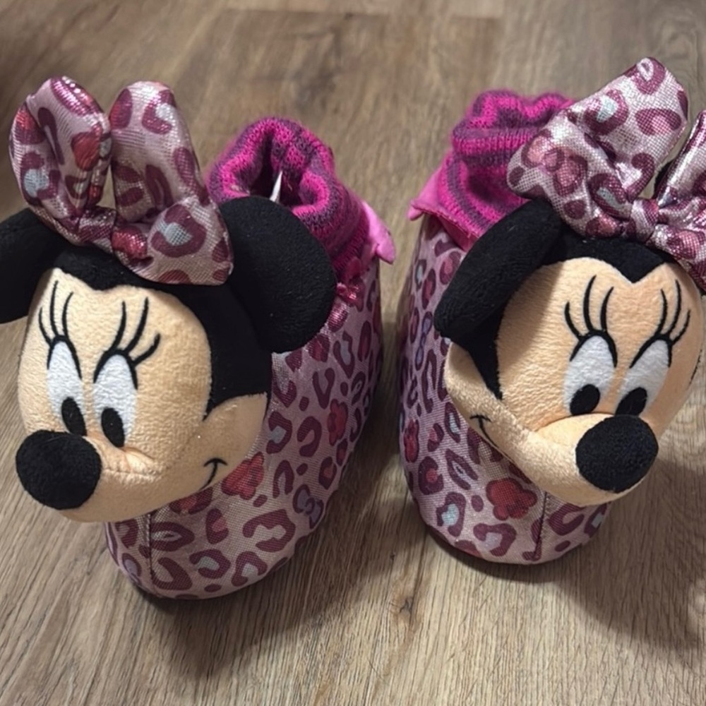 Disney Jr Minnie Mouse Toddler Girl Slippers Pink Purple Black Leopard Size 5-6